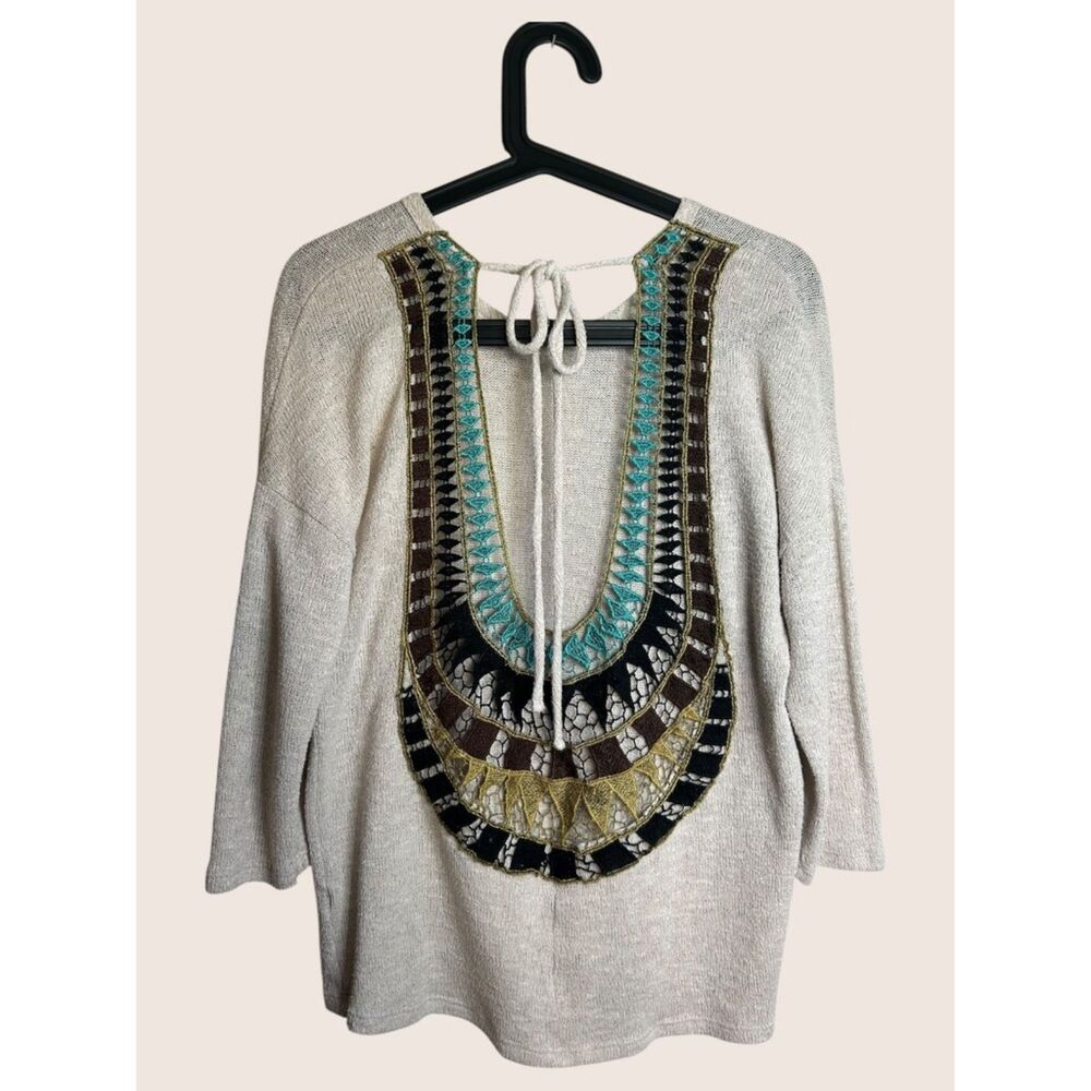 🍦 CHARMING CHARLIE BOHO GEOMETRIC CROCHET DETAIL OLIVE TURQUOISE SMALL BLOUSE